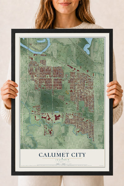 Map of Calumet City, Illinois, 18 x 24 inch print in a black wood frame