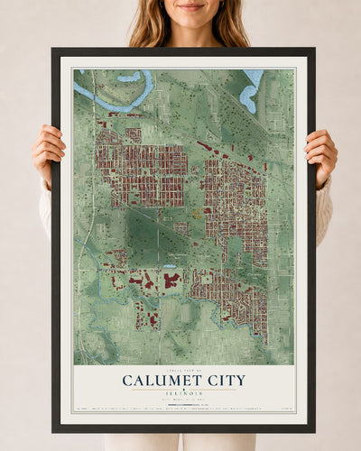 Map of Calumet City, Illinois, 24 x 36 inch print in a black wood frame
