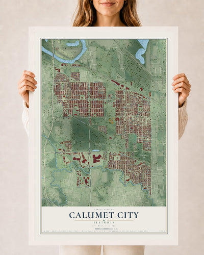 Map of Calumet City, Illinois, 24 x 36 inch print in a white wood frame