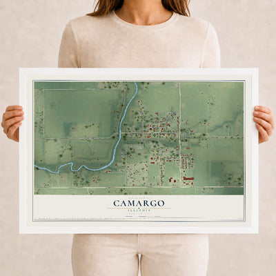 Map of Camargo, Illinois, 12 x 18 inch print in a white wood frame