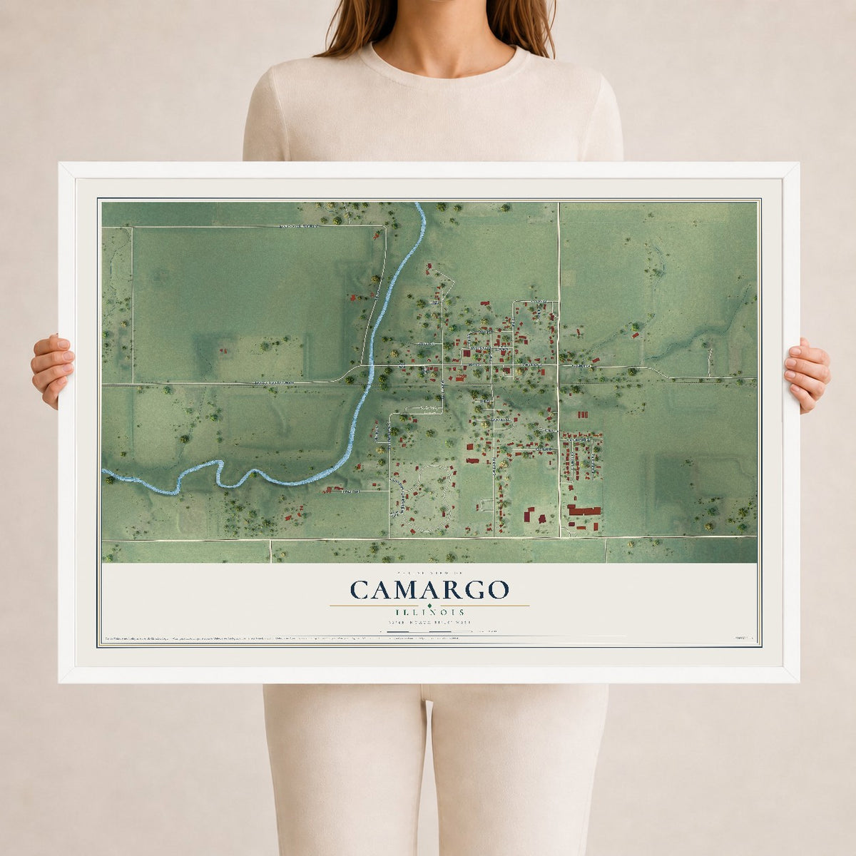 Map of Camargo, Illinois, 24 x 36 inch print in a white wood frame