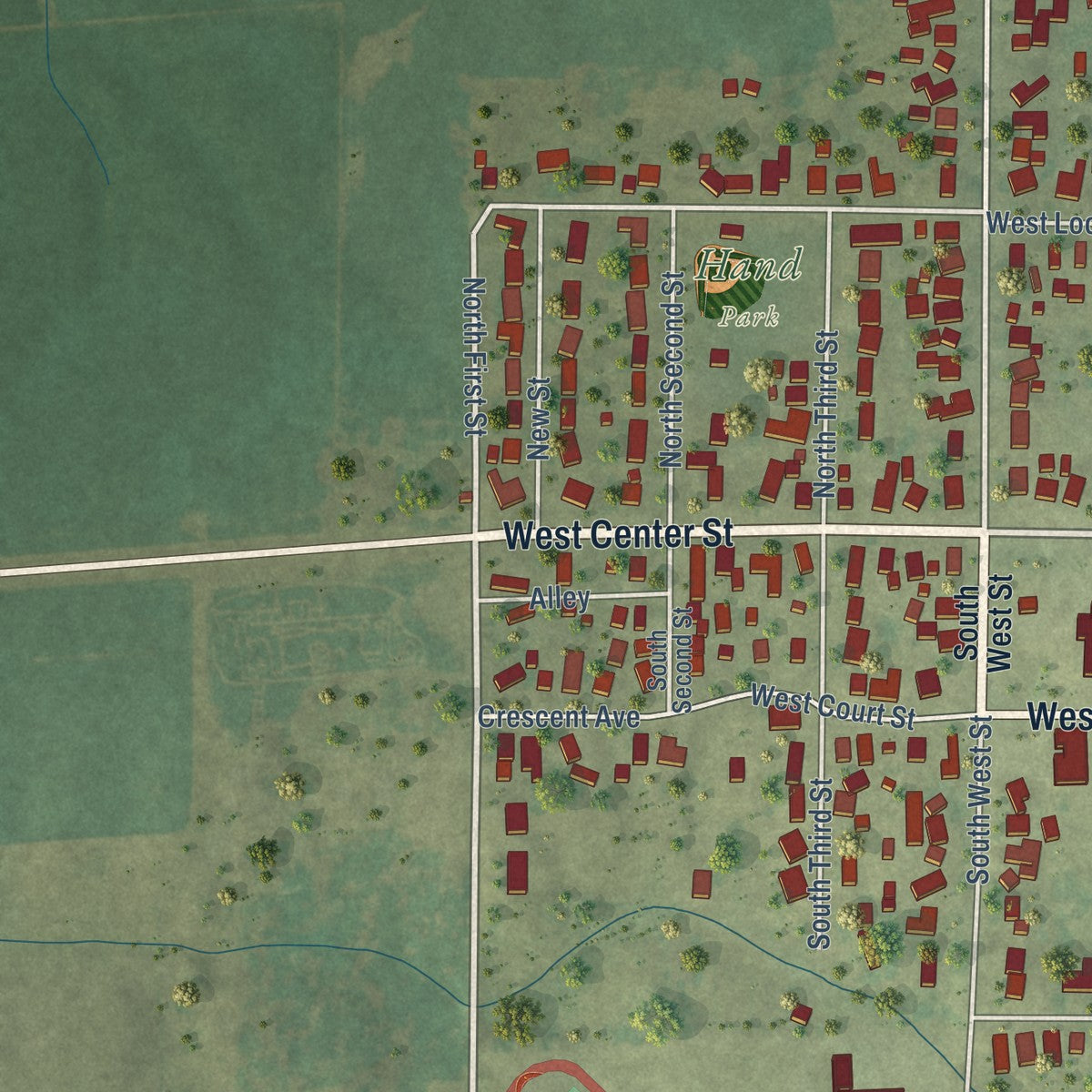 Second close-up of the map of Cambridge, Illinois print showing more streets and buildings