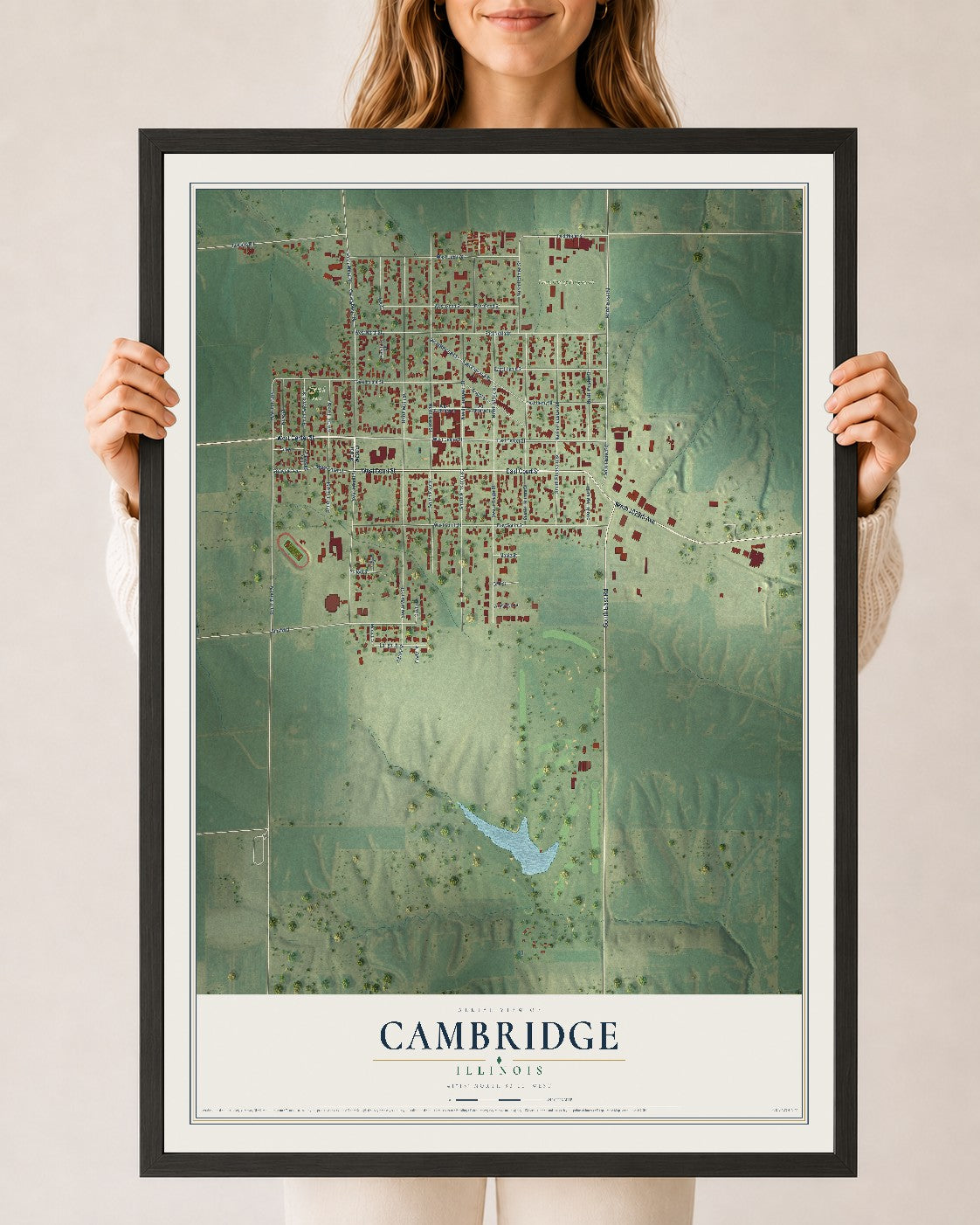 Map of Cambridge, Illinois, 24 x 36 inch print in a black wood frame