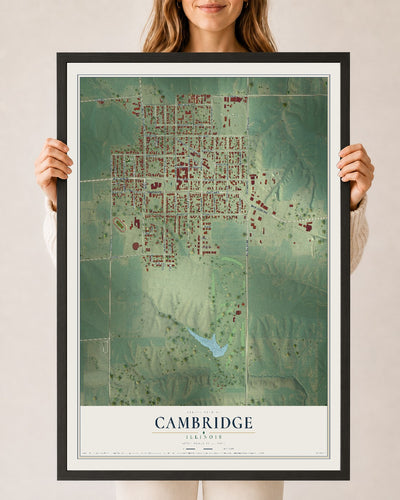 Map of Cambridge, Illinois, 24 x 36 inch print in a black wood frame