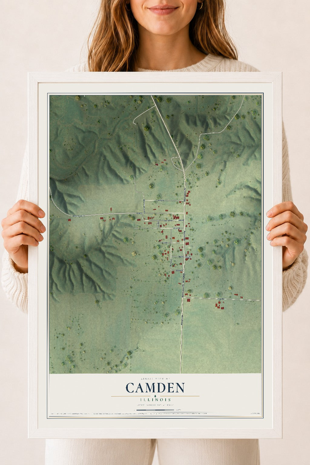 Map of Camden, Illinois, 18 x 24 inch print in a white wood frame