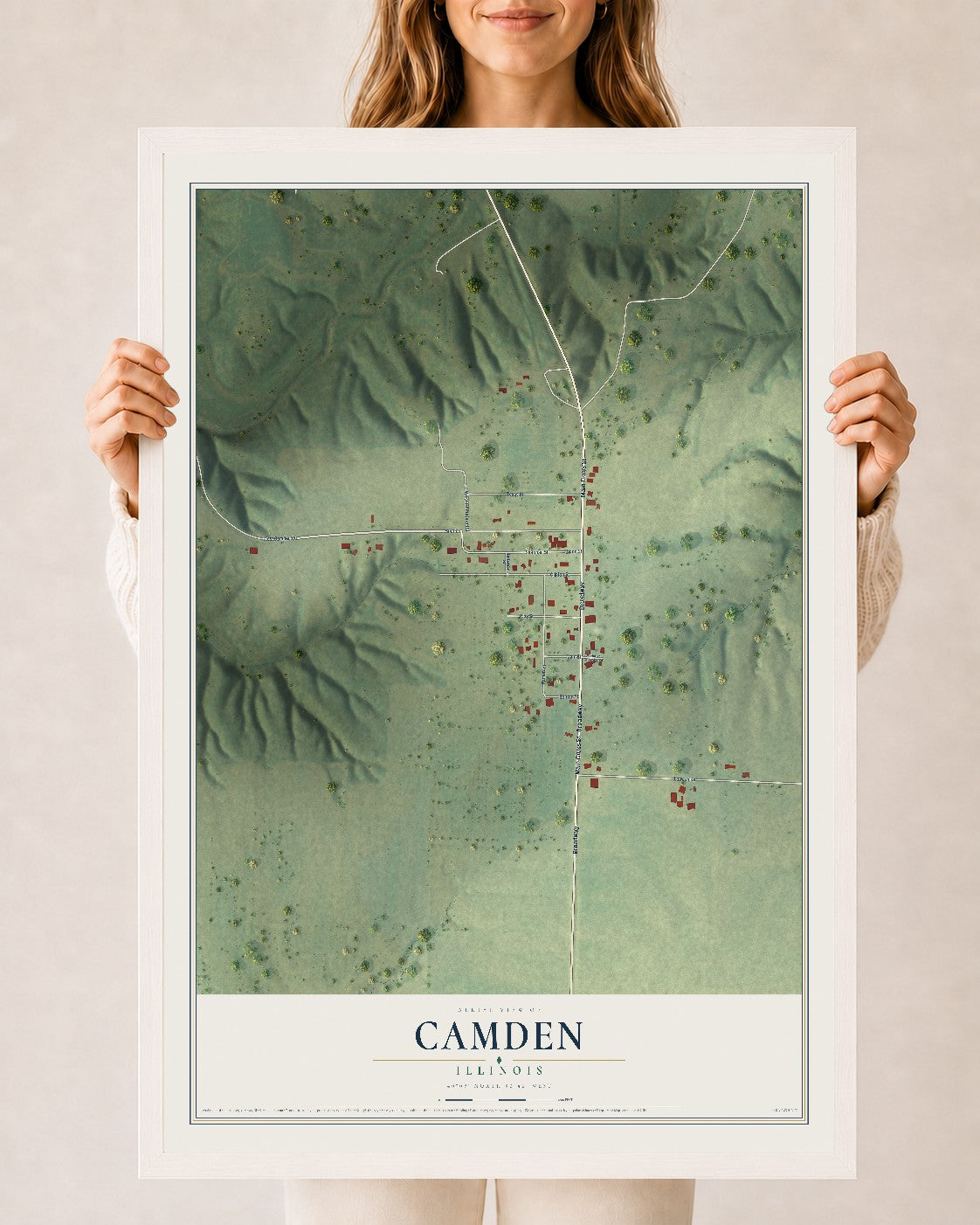 Map of Camden, Illinois, 24 x 36 inch print in a white wood frame