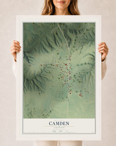 Map of Camden, Illinois, 24 x 36 inch print in a white wood frame