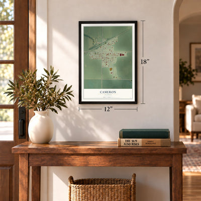 Cameron, Illinois map, 12 x 18 inch print in a black frame in an entryway