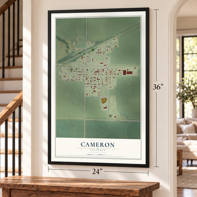 Cameron, Illinois map, 24 x 36 inch print in a black frame by a staircase