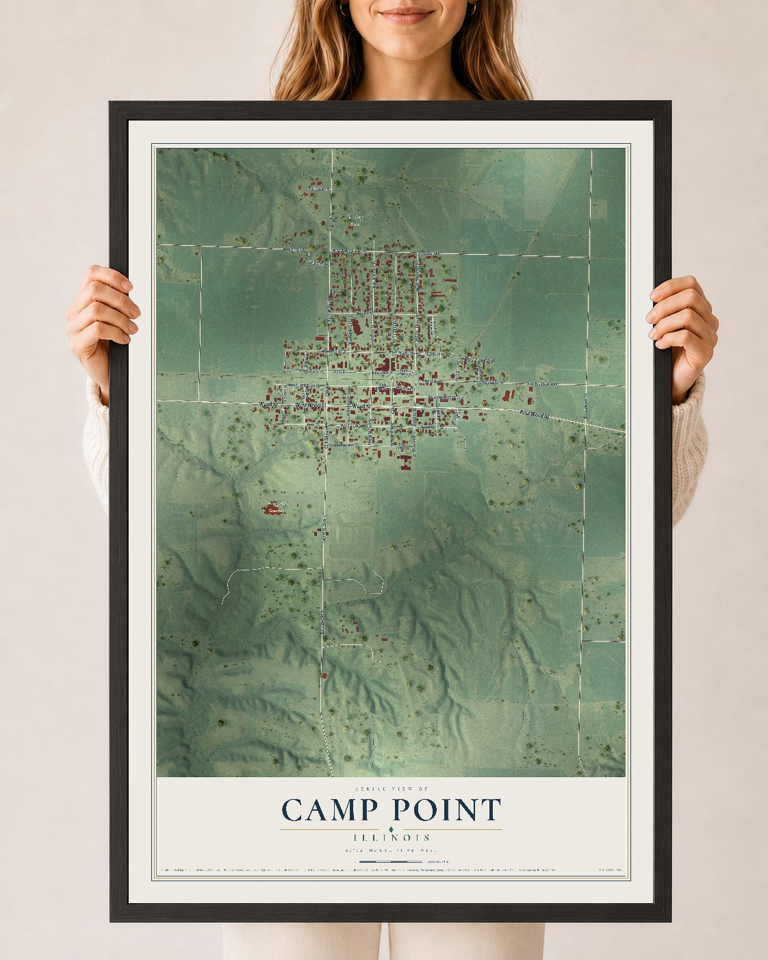 Map of Camp Point, Illinois, 24 x 36 inch print in a black wood frame