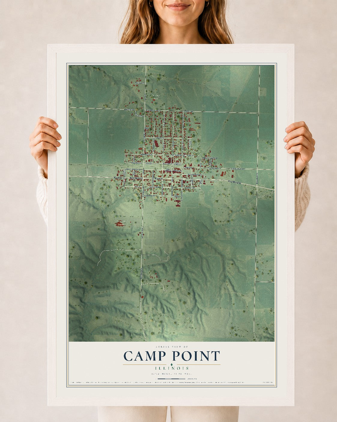 Map of Camp Point, Illinois, 24 x 36 inch print in a white wood frame