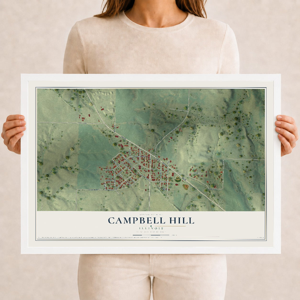 Map of Campbell Hill, Illinois, 12 x 18 inch print in a white wood frame
