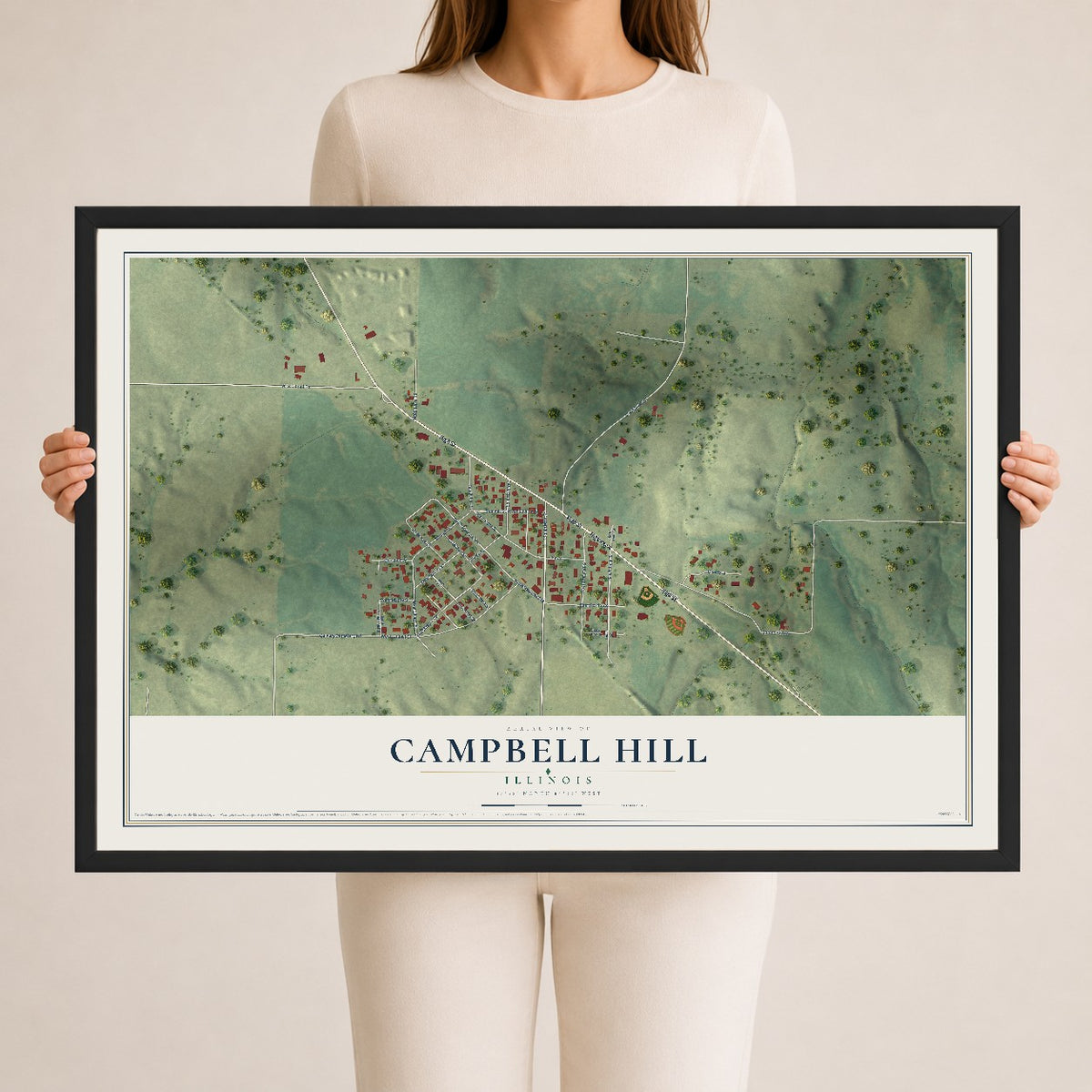 Map of Campbell Hill, Illinois, 24 x 36 inch print in a black wood frame