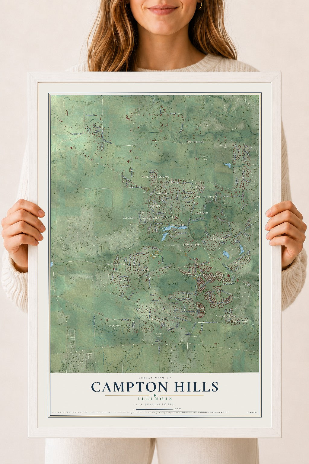 Map of Campton Hills, Illinois, 18 x 24 inch print in a white wood frame