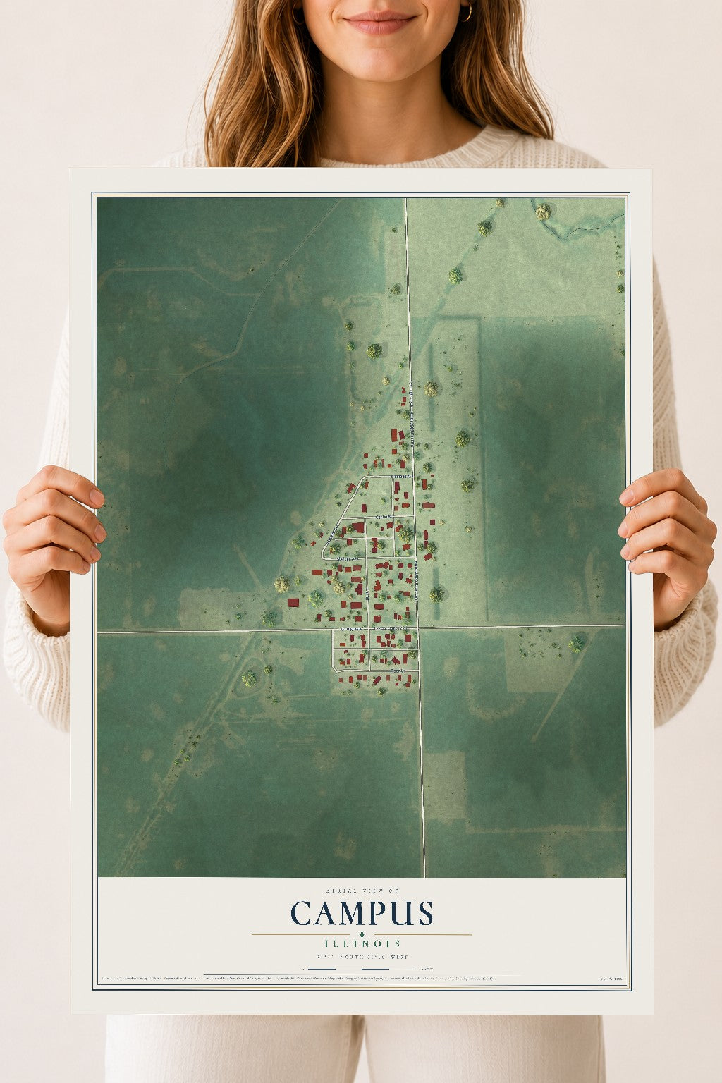 Map of Campus, Illinois, 18 x 24 inch unframed archival matte print