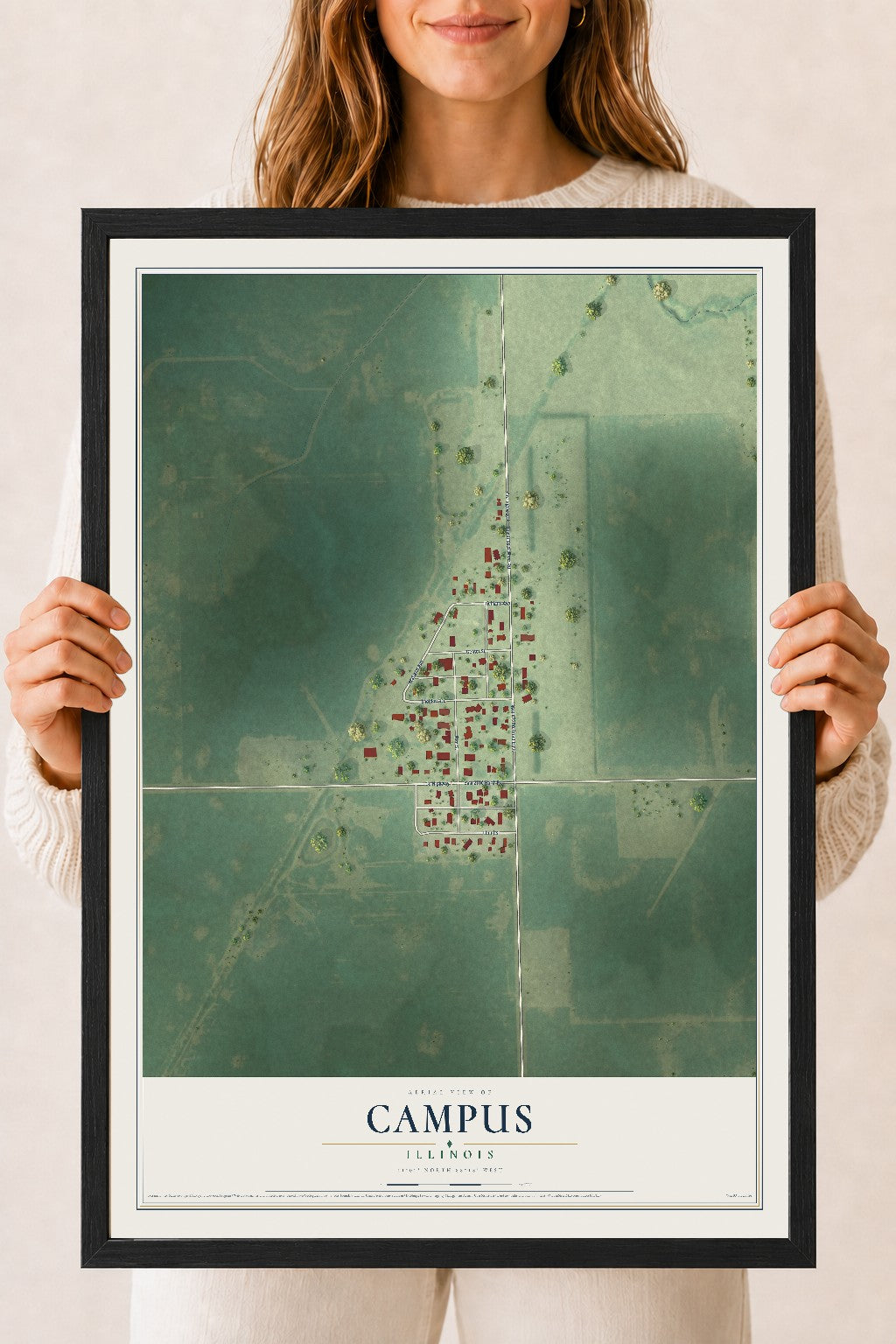 Map of Campus, Illinois, 18 x 24 inch print in a black wood frame