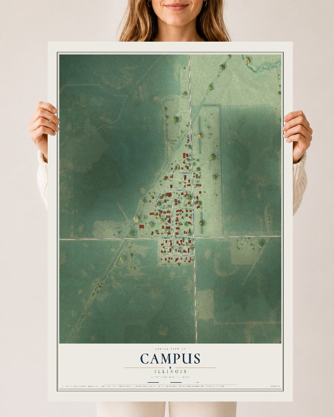 Map of Campus, Illinois, 24 x 36 inch unframed archival matte print