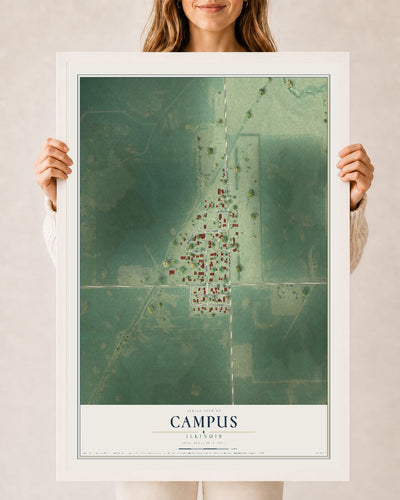 Map of Campus, Illinois, 24 x 36 inch print in a white wood frame