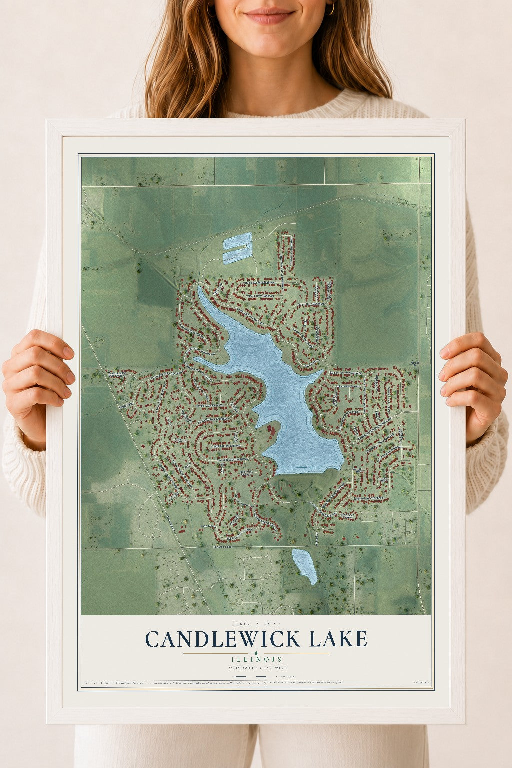 Map of Candlewick Lake, Illinois, 18 x 24 inch print in a white wood frame