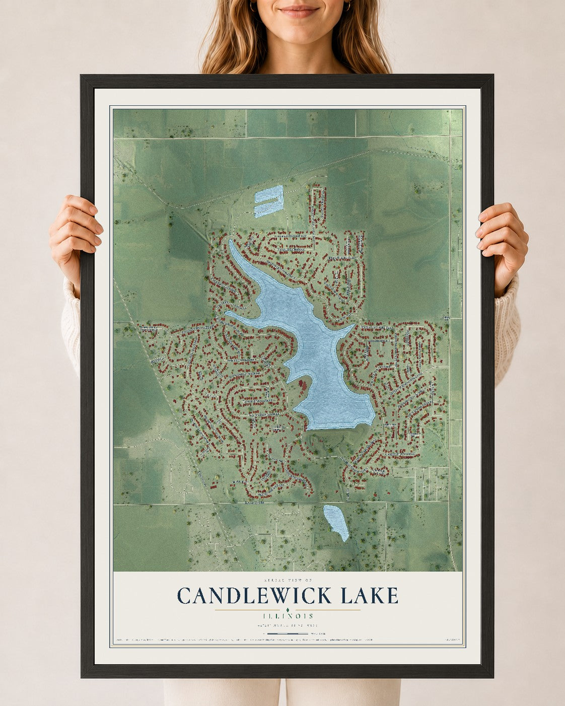 Map of Candlewick Lake, Illinois, 24 x 36 inch print in a black wood frame