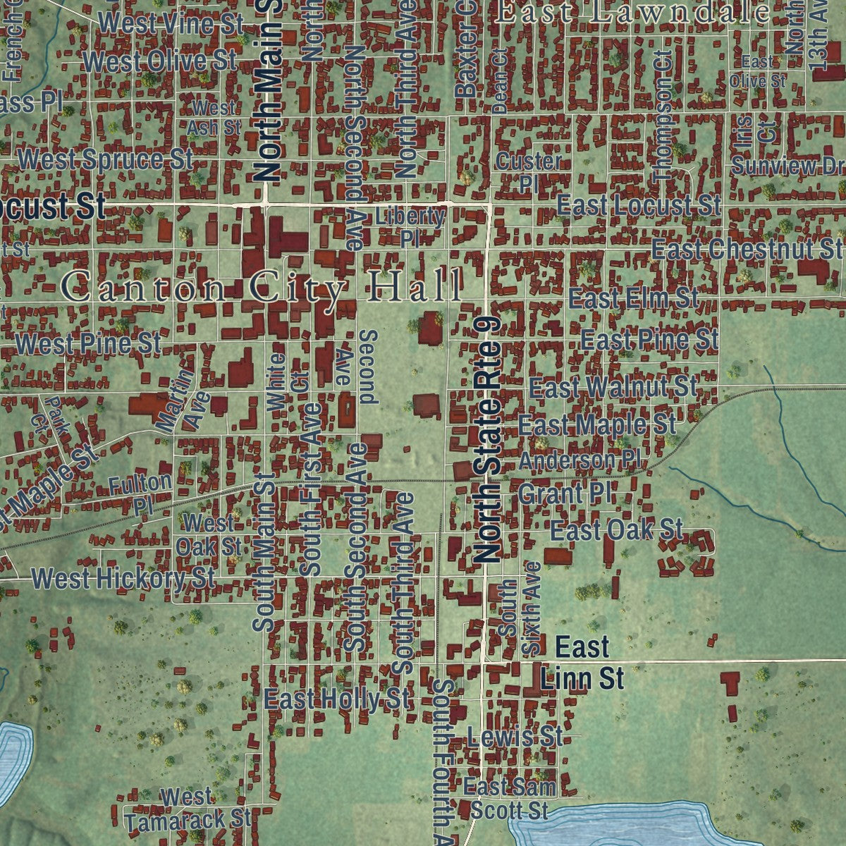 Close-up of the map of Canton, Illinois print showing street and building detail