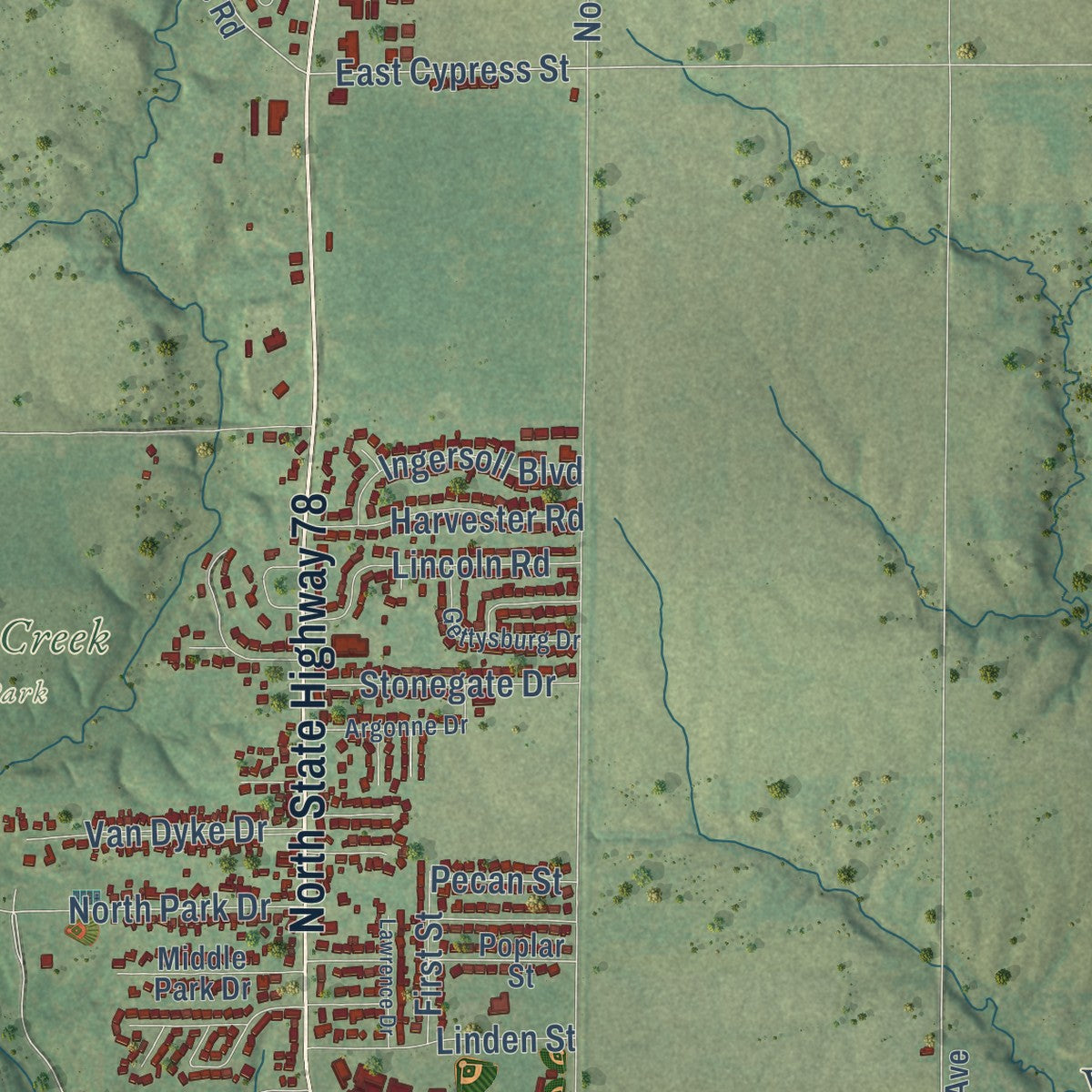 Second close-up of the map of Canton, Illinois print showing more streets and buildings