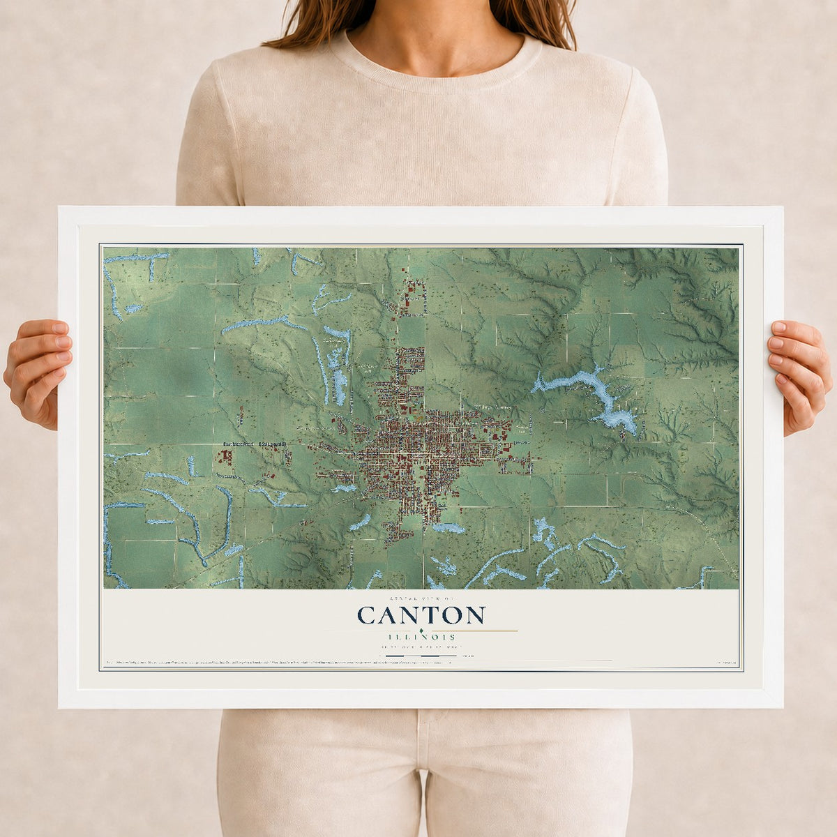 Map of Canton, Illinois, 12 x 18 inch print in a white wood frame