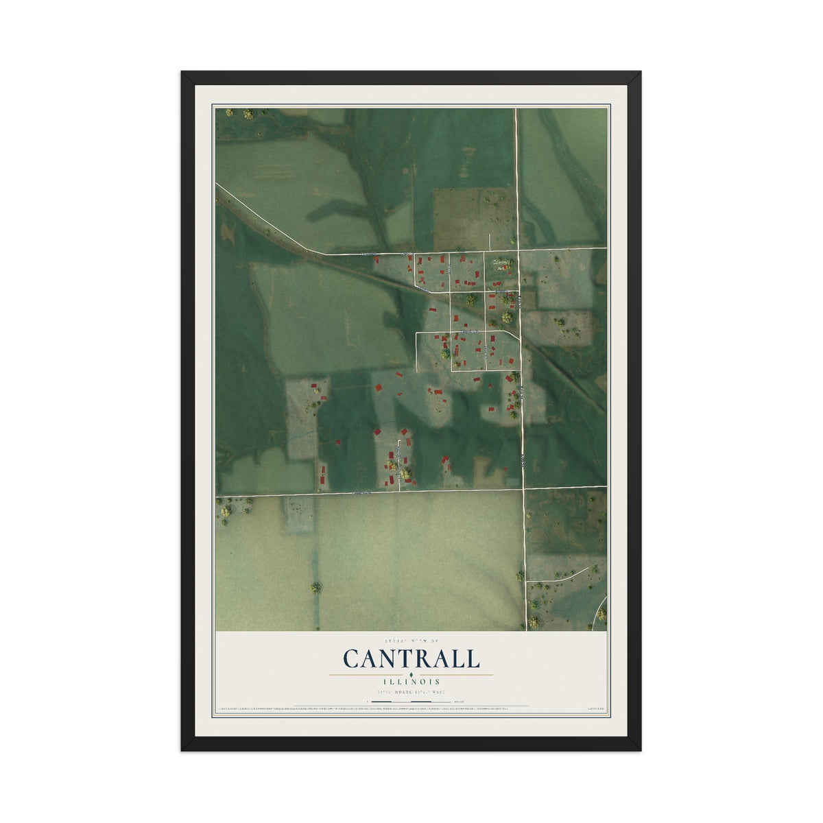 Map of Cantrall, Illinois, 12 x 18 inch print in a black wood frame