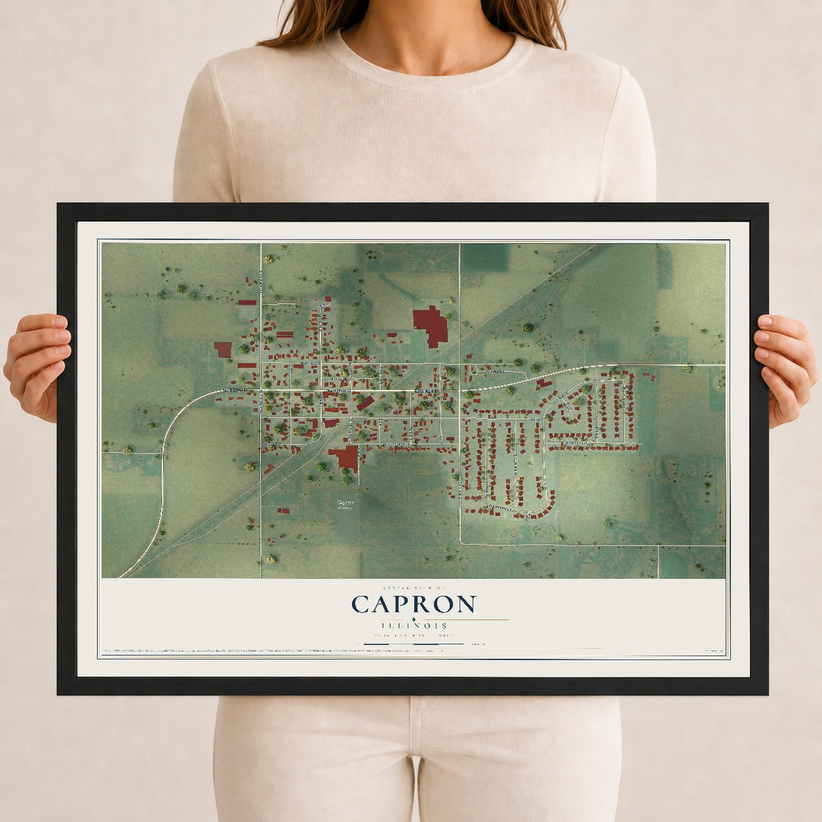 Map of Capron, Illinois, 12 x 18 inch print in a black wood frame