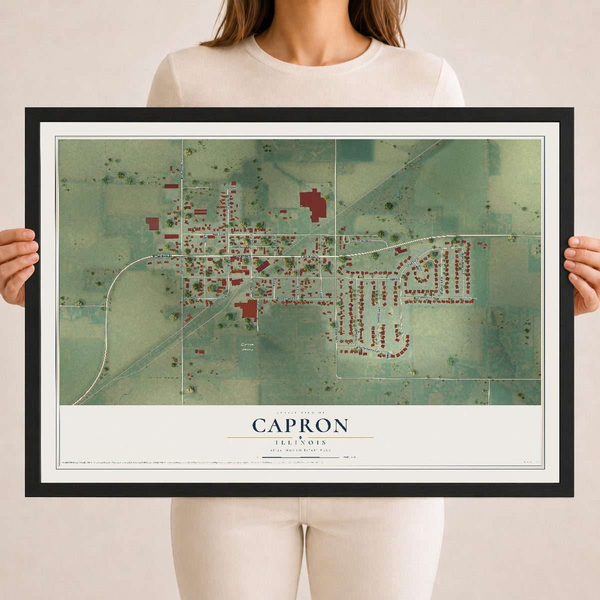 Map of Capron, Illinois, 18 x 24 inch print in a black wood frame