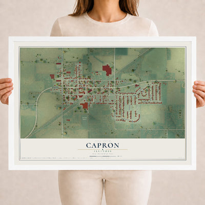 Map of Capron, Illinois, 18 x 24 inch print in a white wood frame