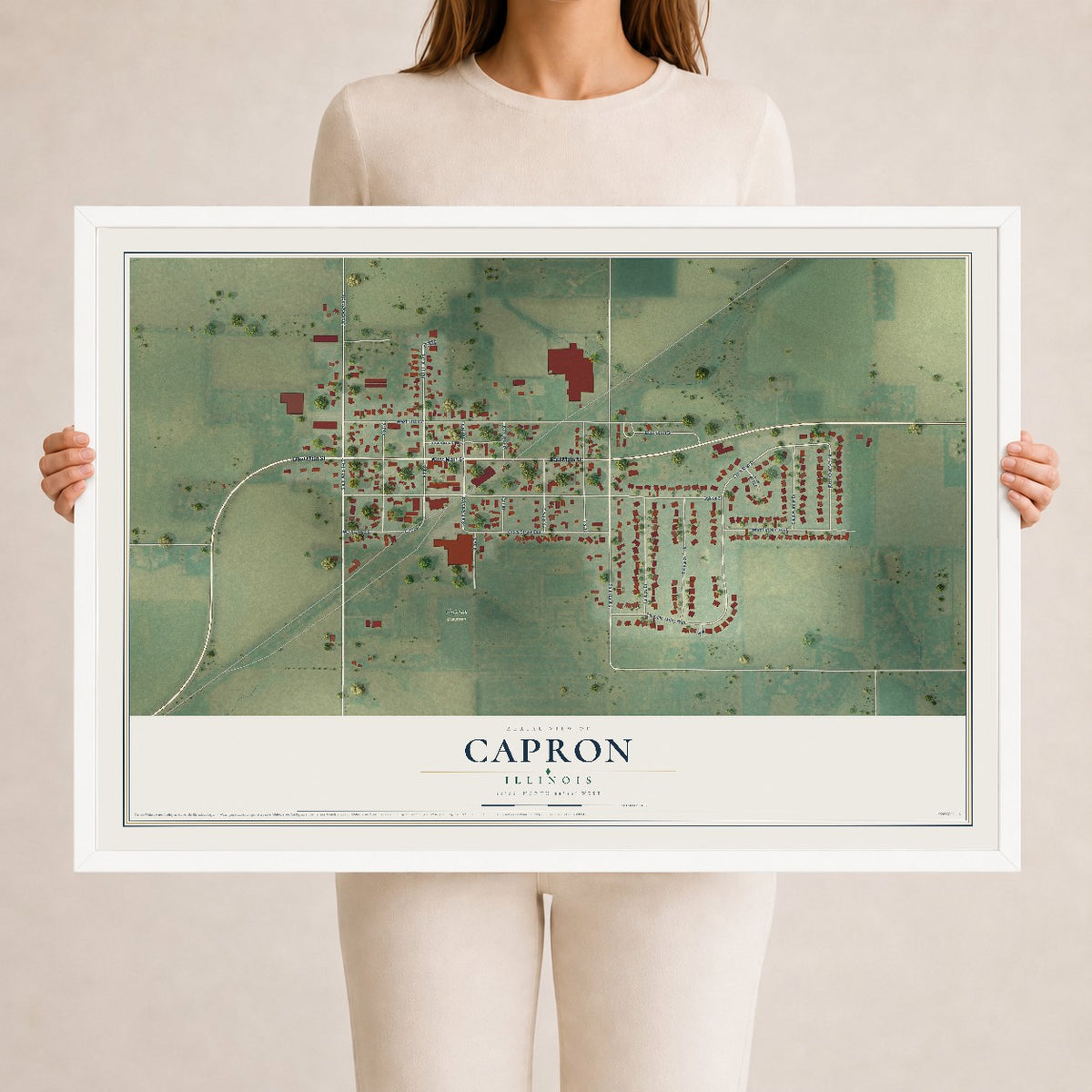 Map of Capron, Illinois, 24 x 36 inch print in a white wood frame