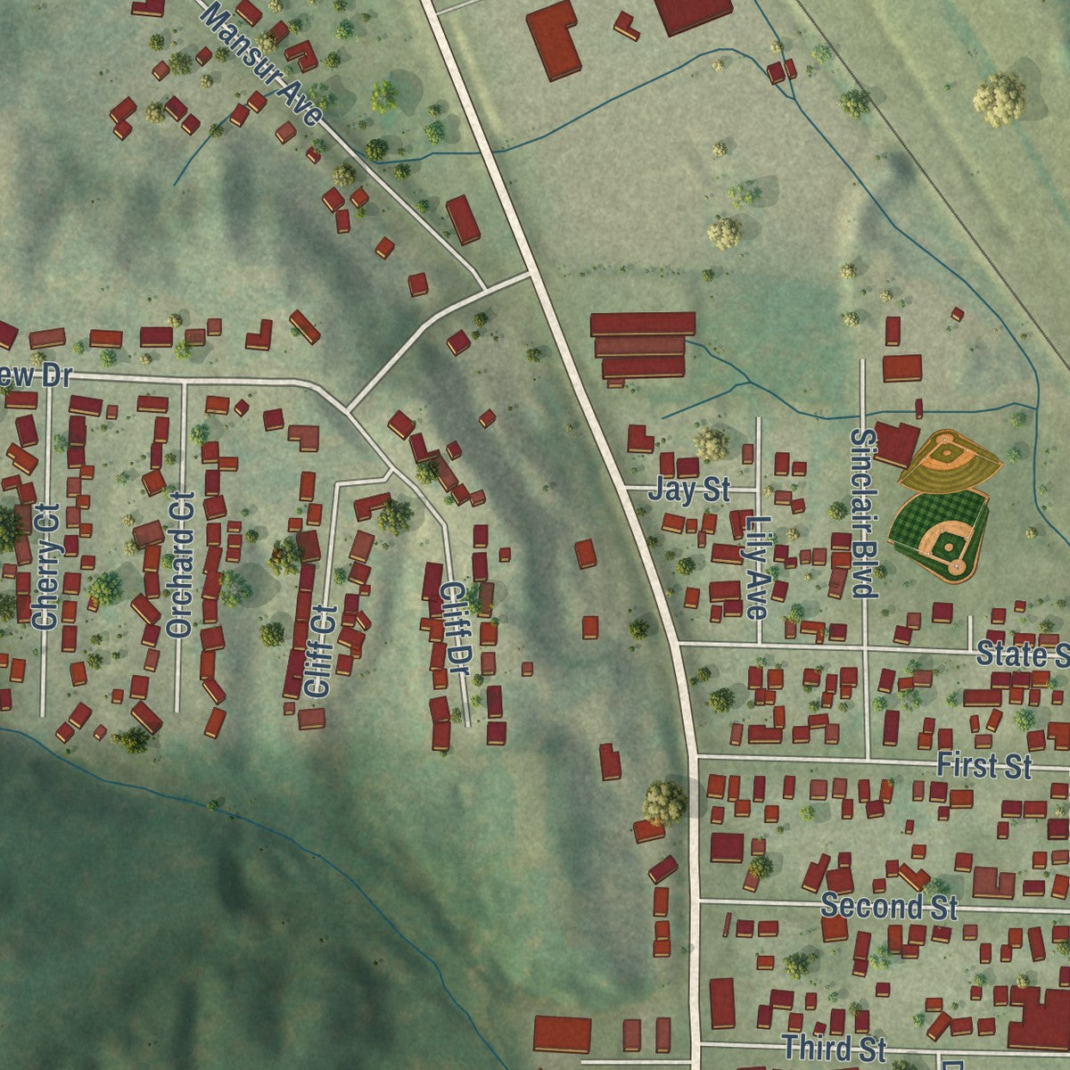 Close-up of the map of Carbon Cliff, Illinois print showing street and building detail