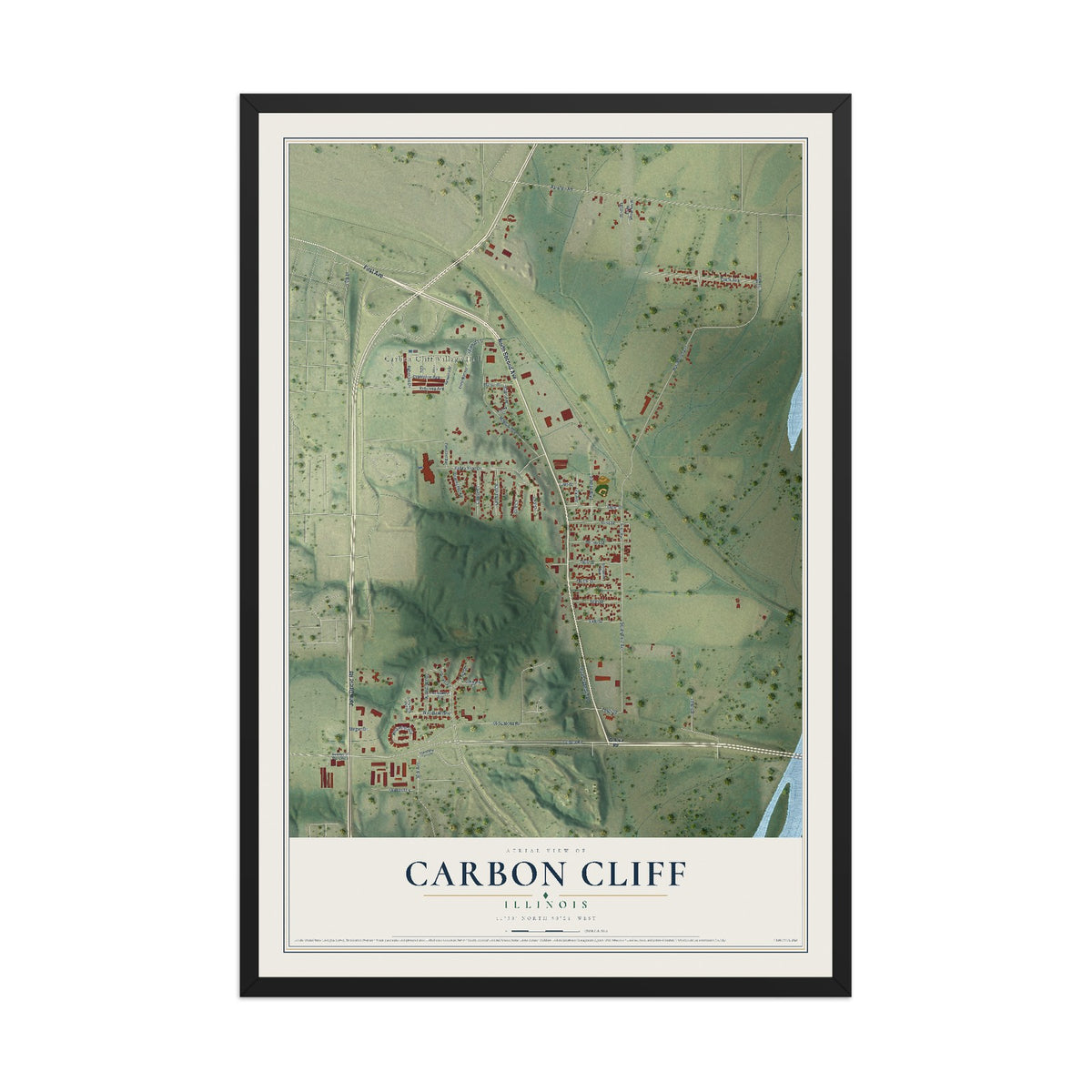 Map of Carbon Cliff, Illinois, 12 x 18 inch print in a black wood frame