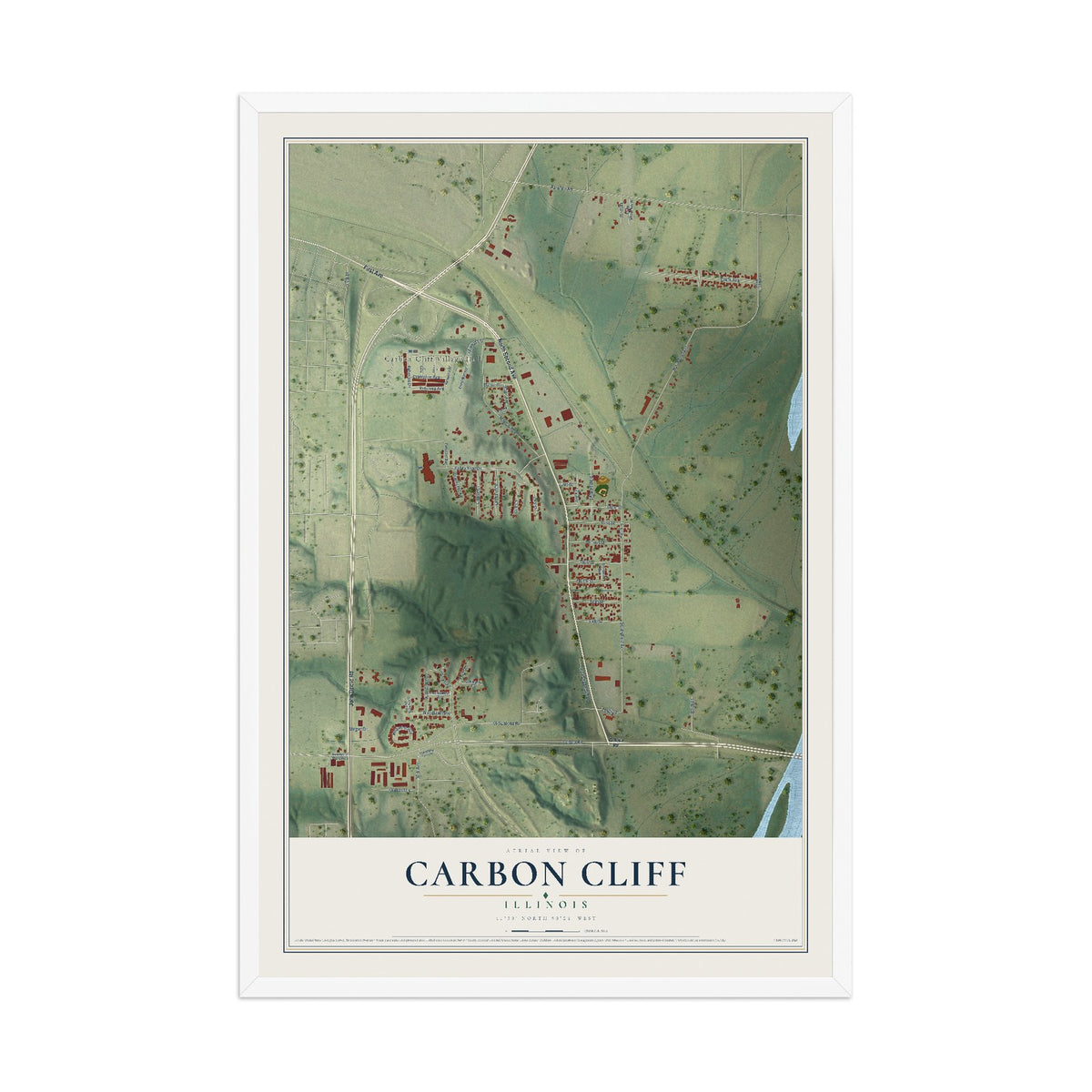 Map of Carbon Cliff, Illinois, 12 x 18 inch print in a white wood frame