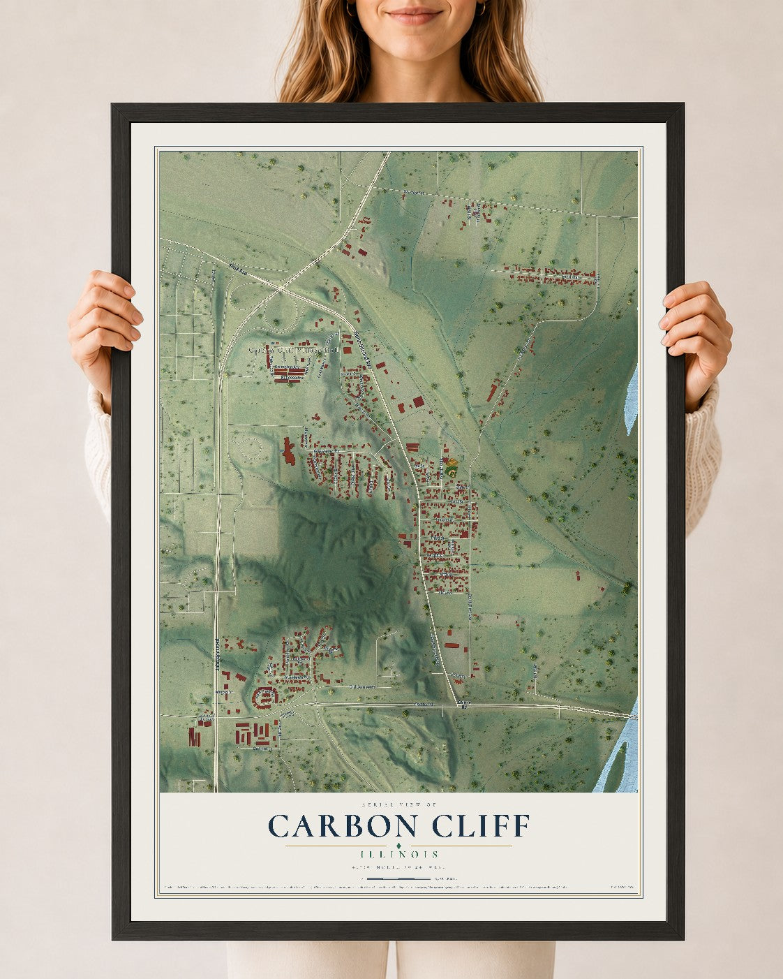 Map of Carbon Cliff, Illinois, 24 x 36 inch print in a black wood frame