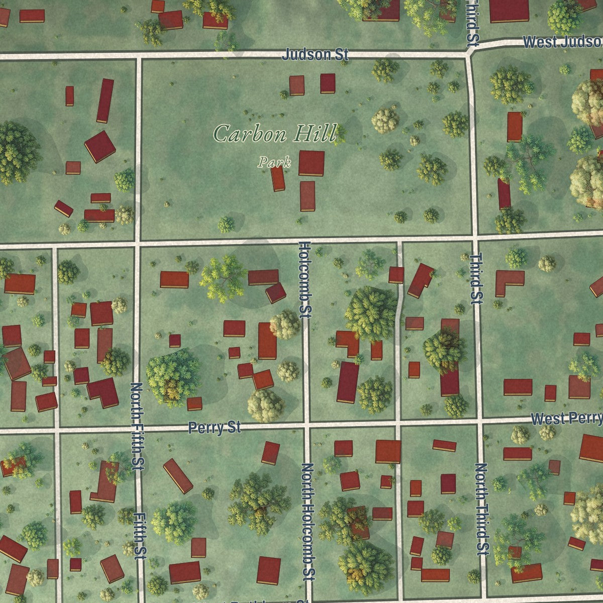 Close-up of the map of Carbon Hill, Illinois print showing street and building detail