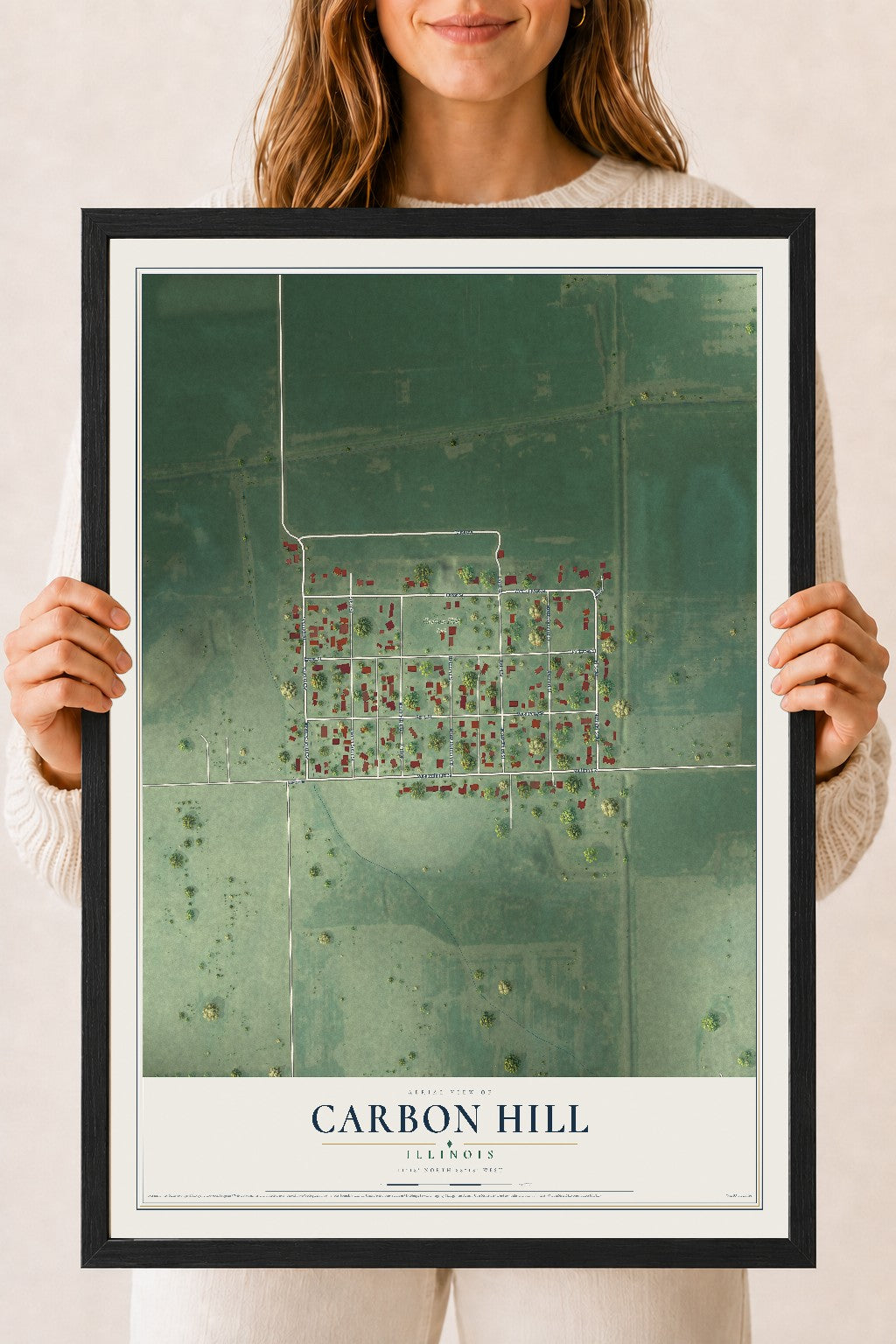 Map of Carbon Hill, Illinois, 18 x 24 inch print in a black wood frame