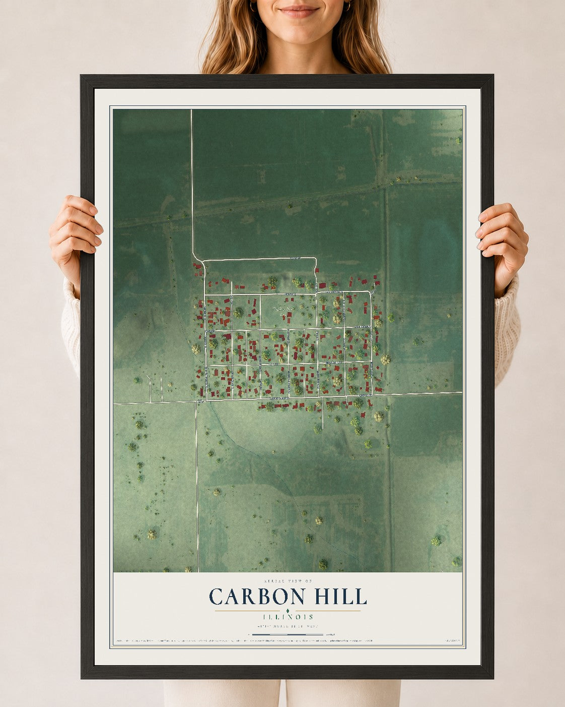 Map of Carbon Hill, Illinois, 24 x 36 inch print in a black wood frame