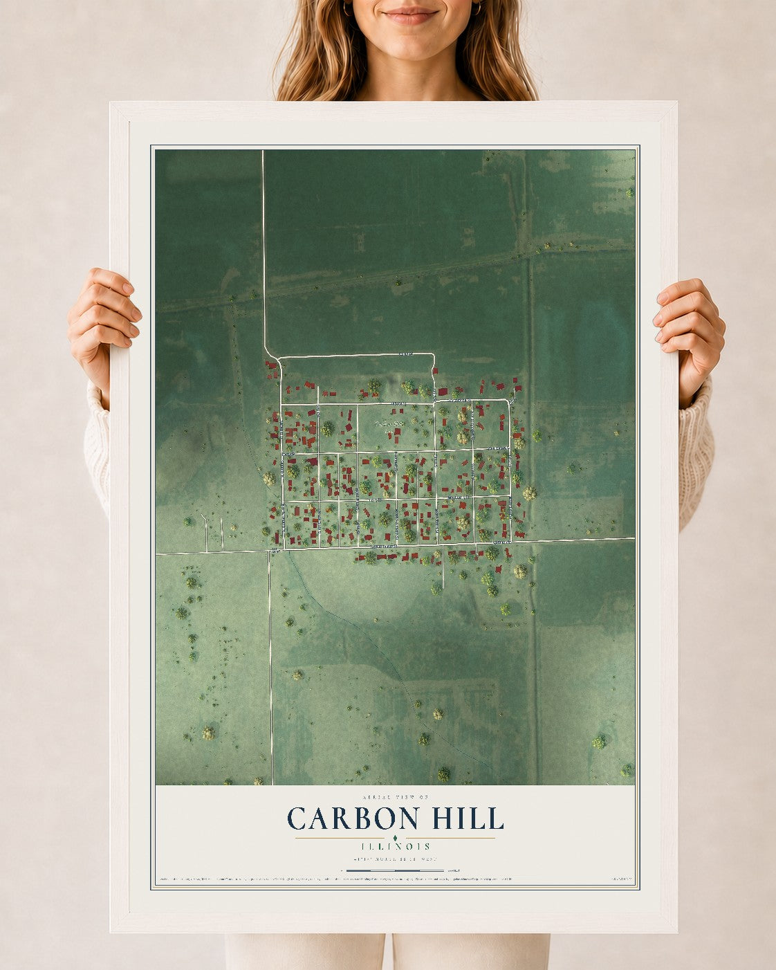 Map of Carbon Hill, Illinois, 24 x 36 inch print in a white wood frame
