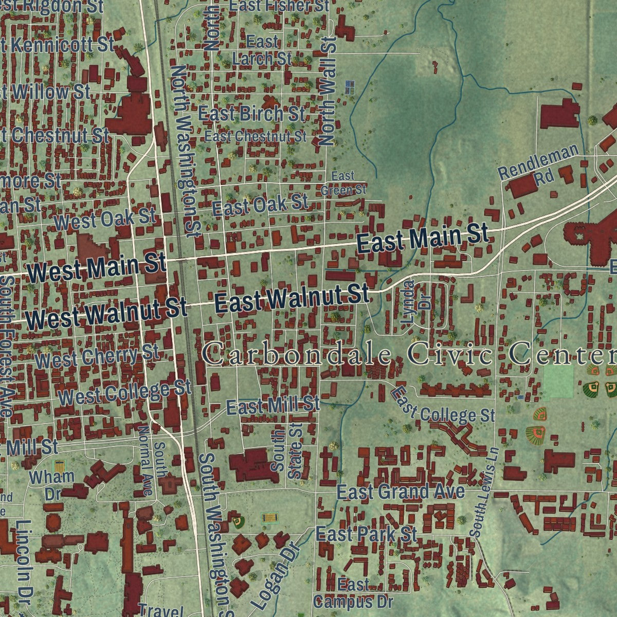 Close-up of the map of Carbondale, Illinois print showing street and building detail