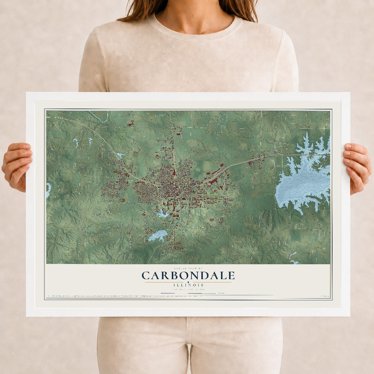 Map of Carbondale, Illinois, 12 x 18 inch print in a white wood frame