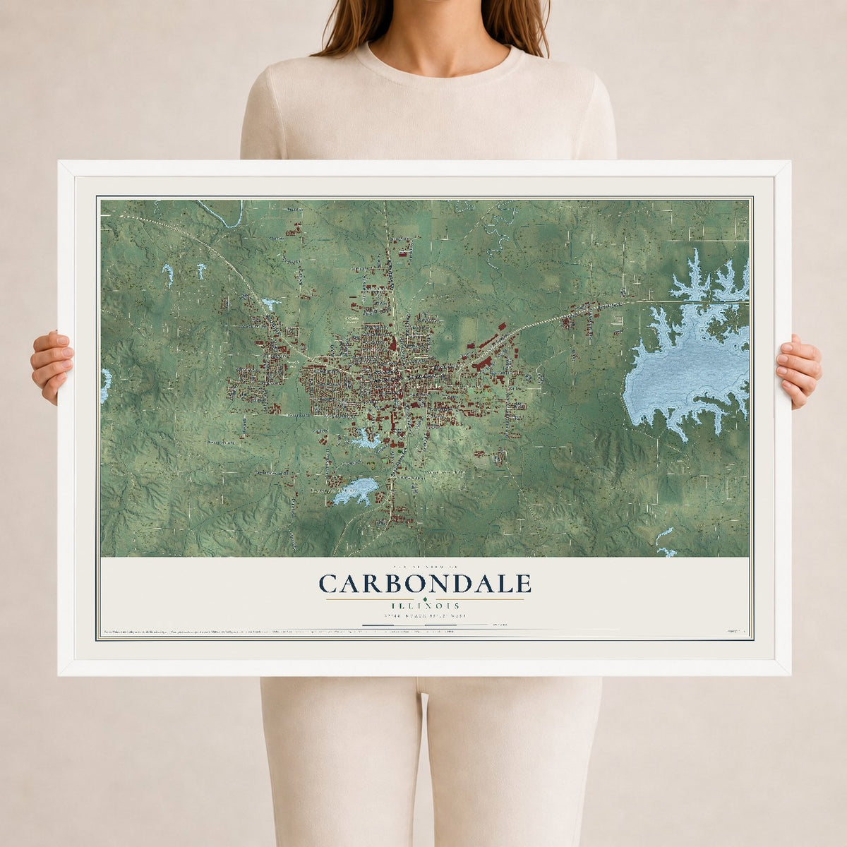 Map of Carbondale, Illinois, 24 x 36 inch print in a white wood frame