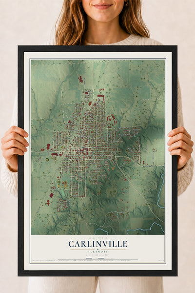Map of Carlinville, Illinois, 18 x 24 inch print in a black wood frame