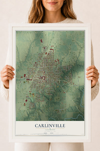 Map of Carlinville, Illinois, 18 x 24 inch print in a white wood frame