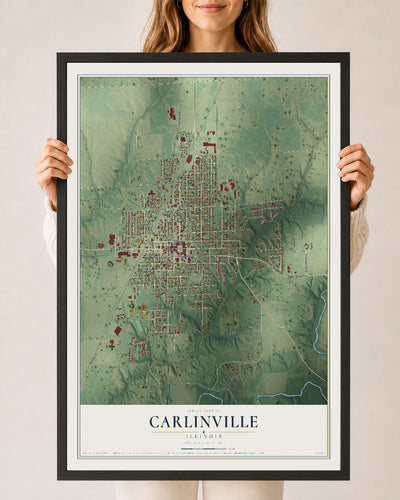 Map of Carlinville, Illinois, 24 x 36 inch print in a black wood frame