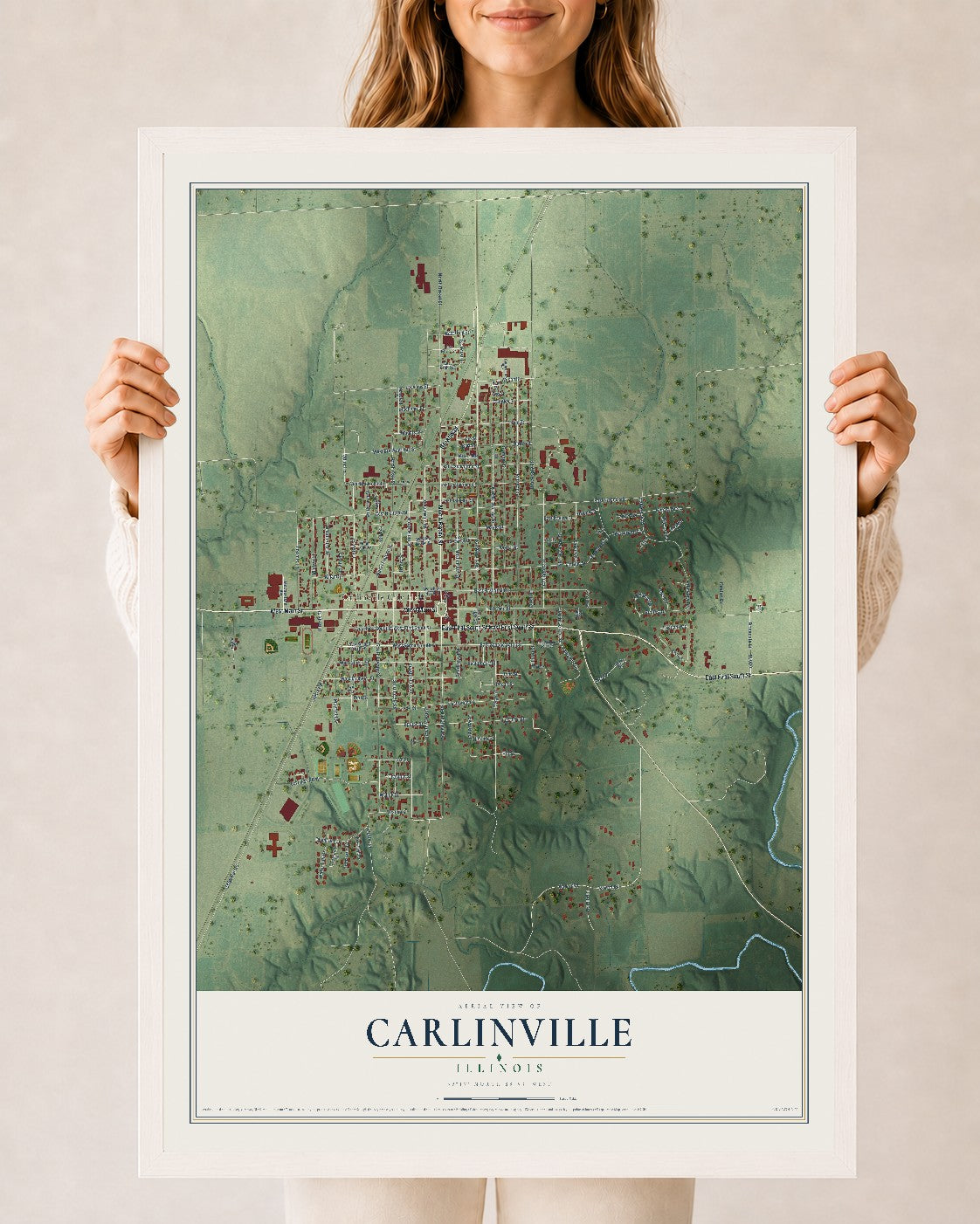 Map of Carlinville, Illinois, 24 x 36 inch print in a white wood frame
