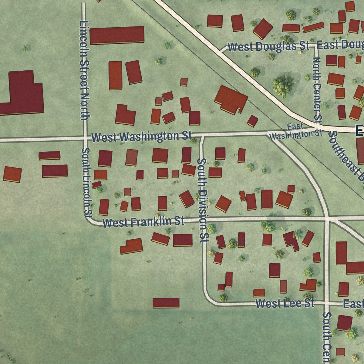 Second close-up of the map of Carlock, Illinois print showing more streets and buildings