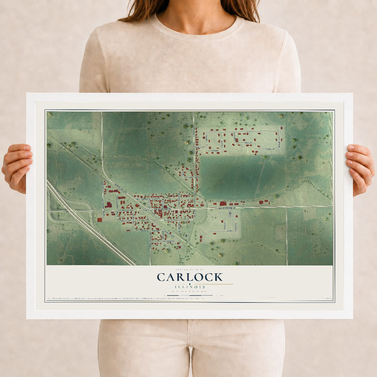 Map of Carlock, Illinois, 12 x 18 inch print in a white wood frame