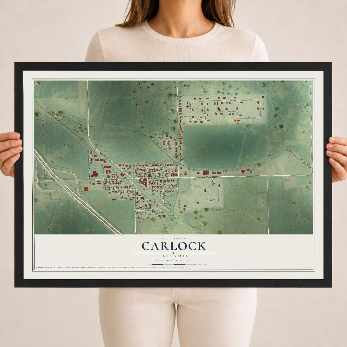 Map of Carlock, Illinois, 18 x 24 inch print in a black wood frame